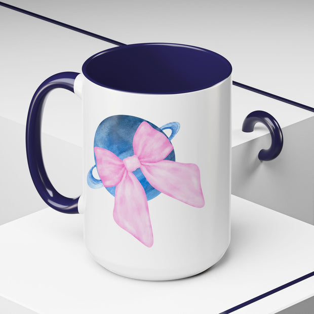 Blue Saturn Wrapped In A Pink Bow Accent Coffee Mug