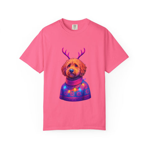 Golden Doodle in Reindeer Antler Sweater T-Shirt | Holiday Dog Portrait
