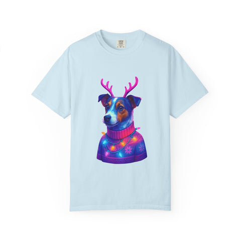 Jack Russell in Reindeer Sweater T-shirt | Neon Holiday Dog Design