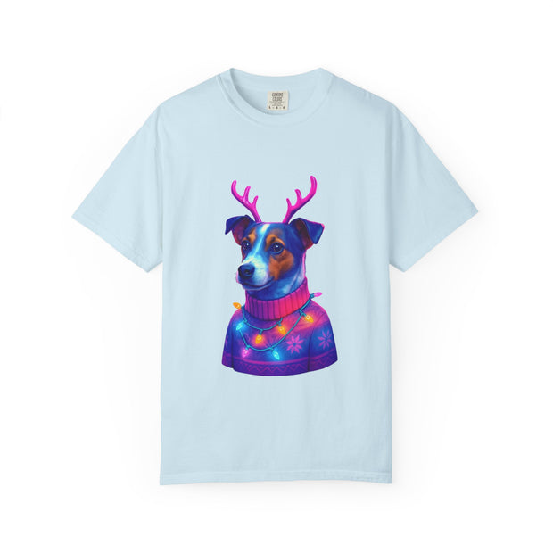 Jack Russell in Reindeer Sweater T-shirt | Neon Holiday Dog Design
