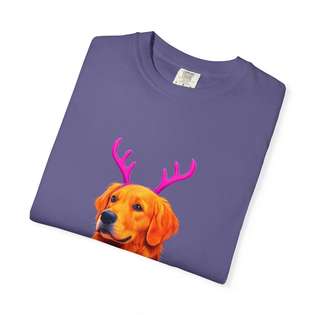Golden Retriever with Antlers sweater T-Shirt | Neon Holiday Dog Design