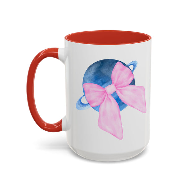 Blue Saturn Wrapped In A Pink Bow Accent Coffee Mug