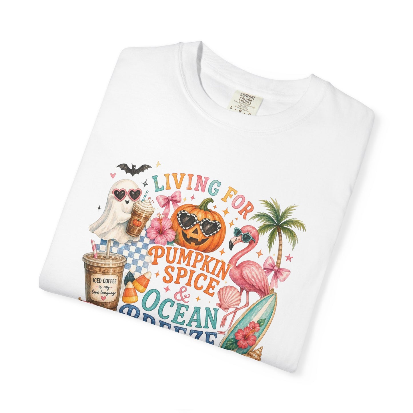 Pumpkin Spice & Ocean Breeze T-Shirt, Summerween Flamingo Shirt, Halloween Beach Tee, Tropical Spooky Season Graphic, Fall Vacation Shirt