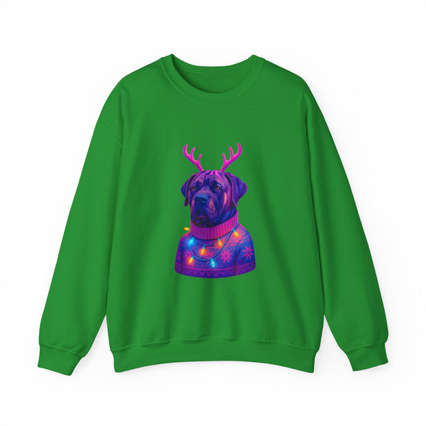 Neon Reindeer English Mastiff Sweatshirt | Dog with Antlers, Holiday Lights Sweater