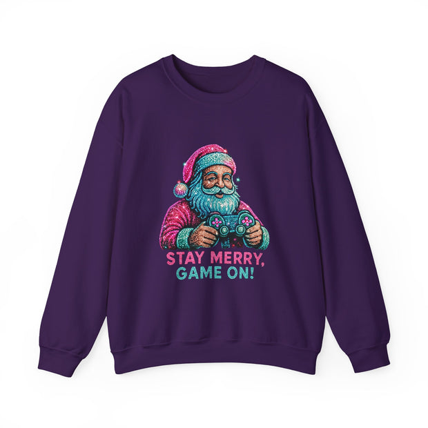Santa with Game Controller Crewneck, Stay Merry Game On Holiday Sweatshirt