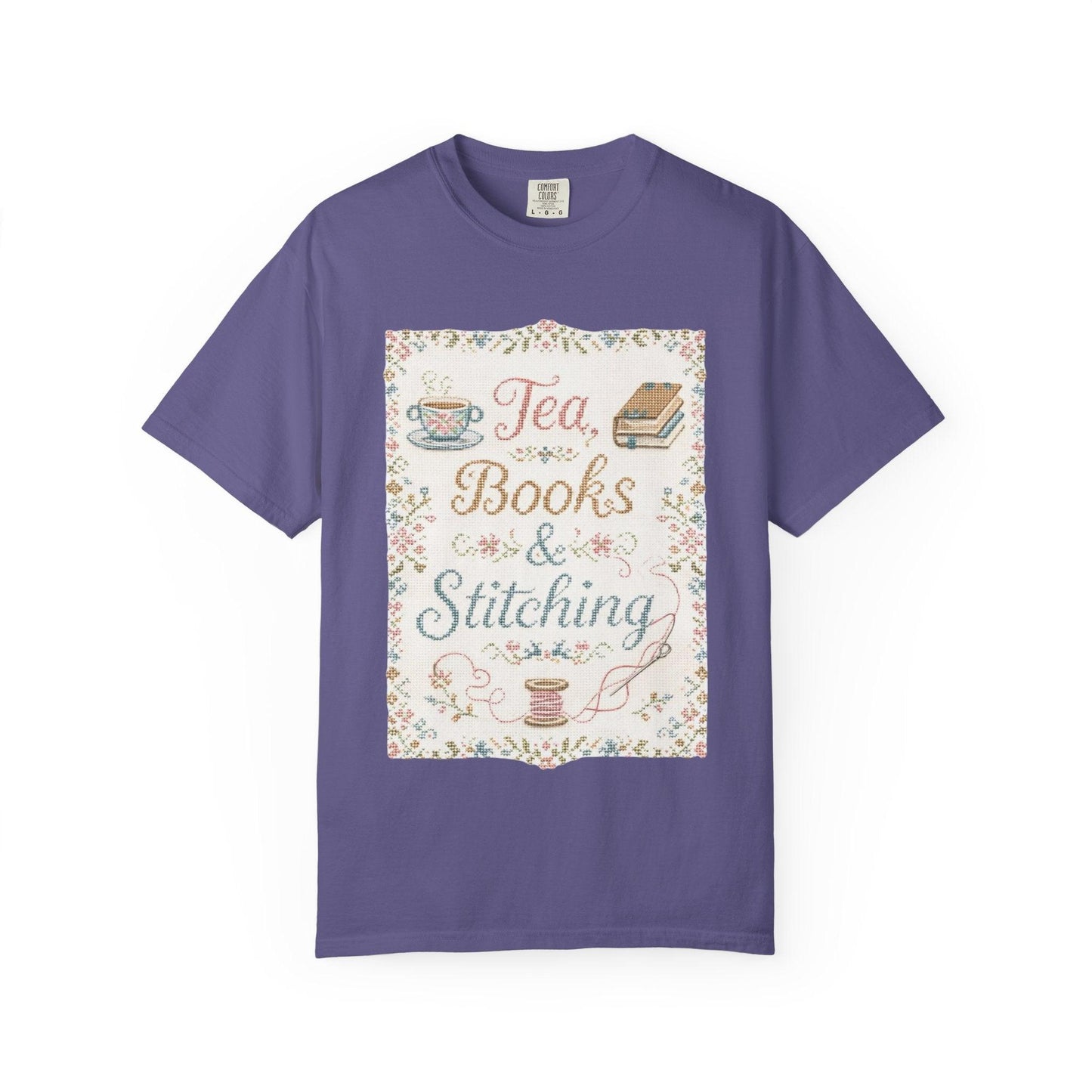 Tea Books & Stitching T-shirt | Reading, Sewing, Cozy Hobby Design