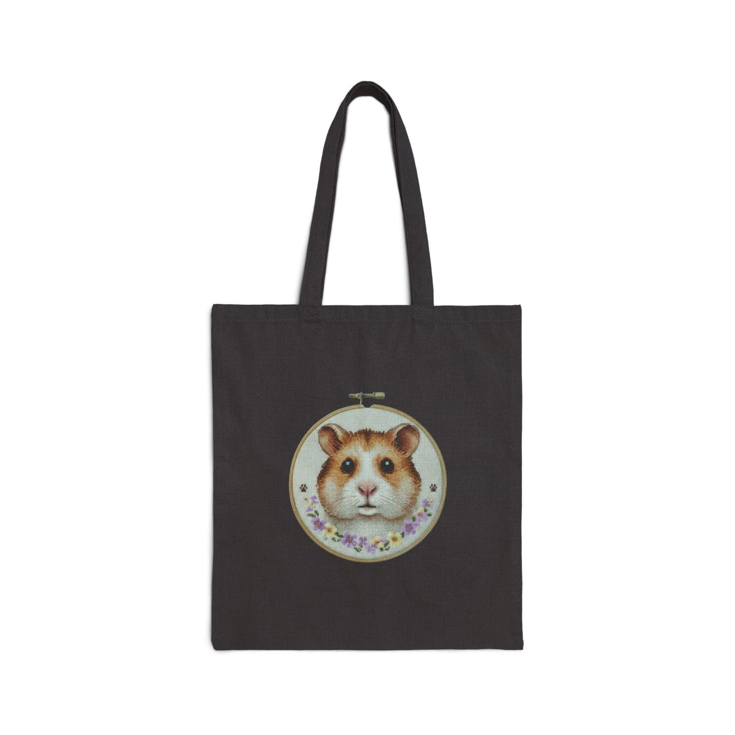 Cute Hamster Portrait Tote Bag | Embroidery Hoop Floral Accent