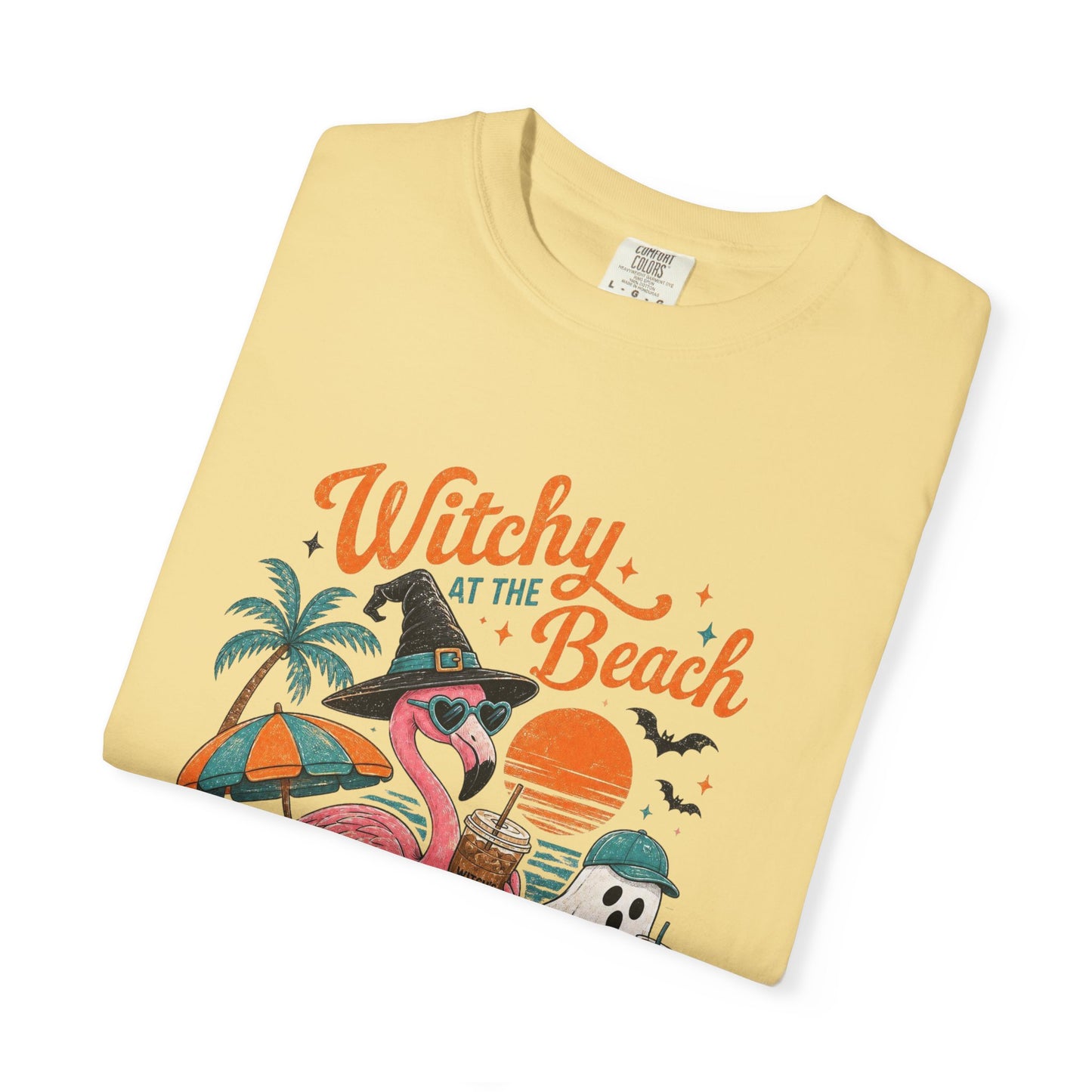 Witchy at the Beach T-shirt | Spooky Vibes Halloween Flamingo Design