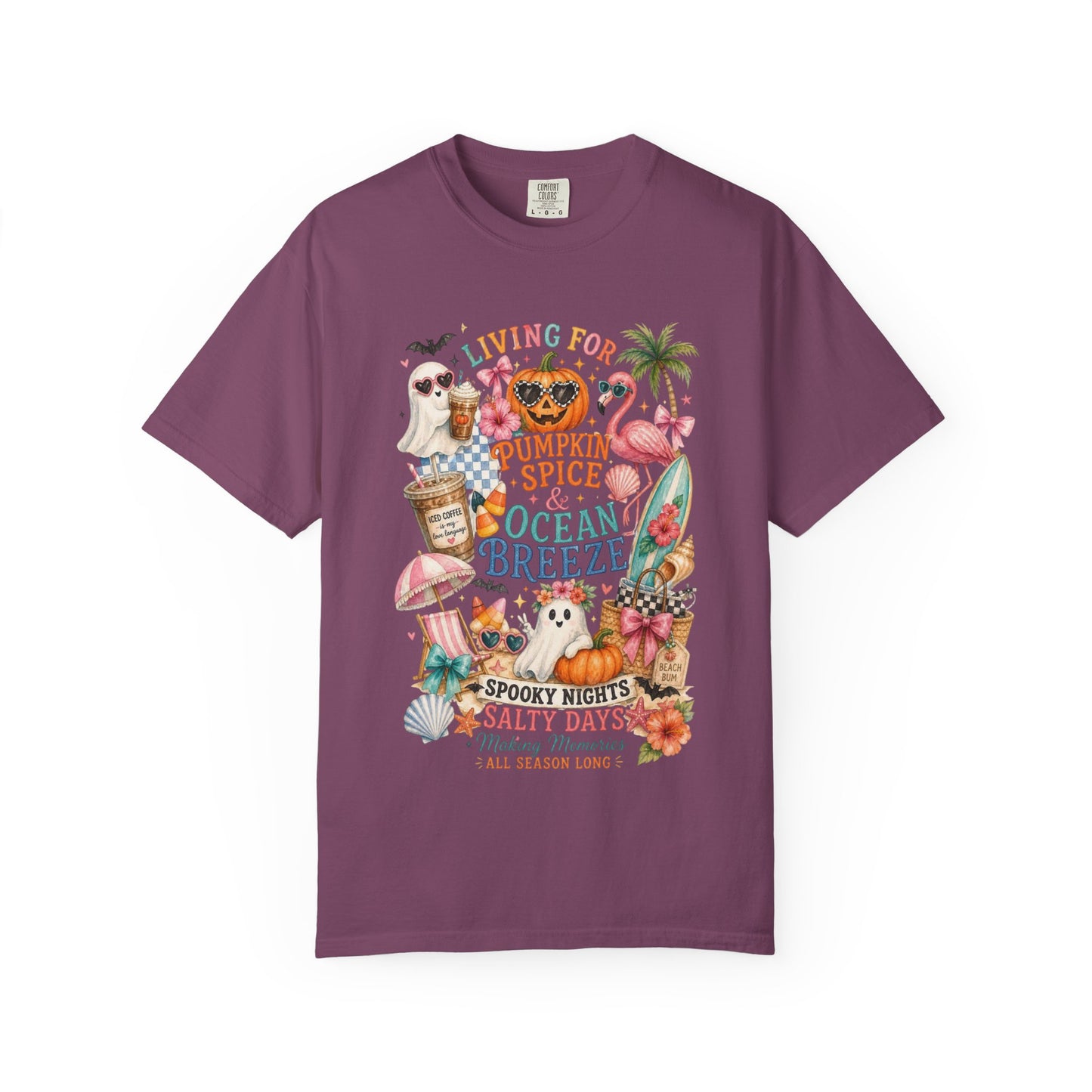 Pumpkin Spice & Ocean Breeze T-Shirt, Summerween Flamingo Shirt, Halloween Beach Tee, Tropical Spooky Season Graphic, Fall Vacation Shirt