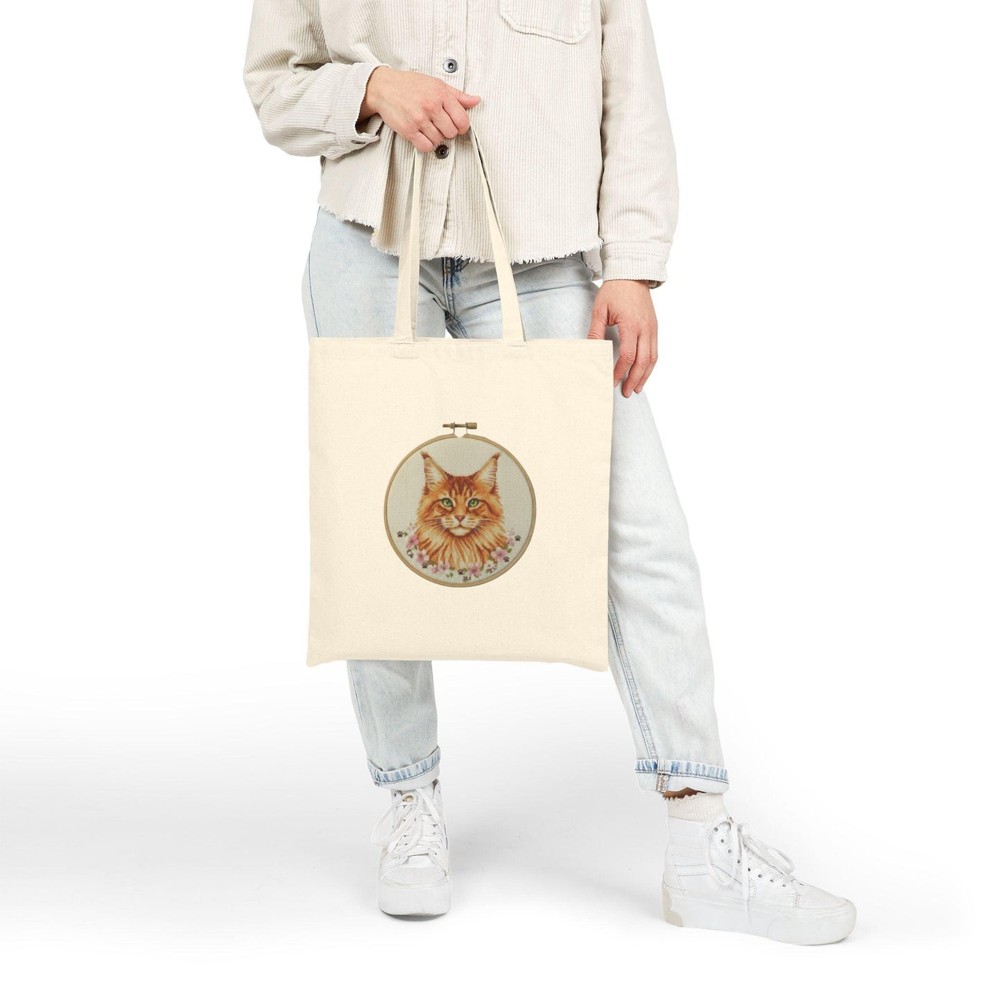 Embroidered Inspired Orange Tabby Cat Tote Bag | Cat Portrait Canvas Tote