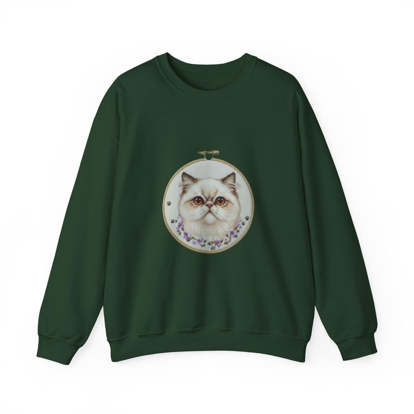 Grumpy Persian Cat Portrait Crewneck sweatshirt | Floral Embroidery Hoop Art