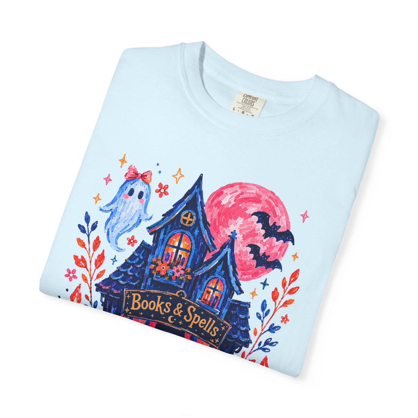 Books & Spells T-Shirt, Witchy Bookstore Halloween Shirt, Cozy Book Lover Tee, Black Cat Ghost Pumpkin Graphic, Booktok Fall Shirt
