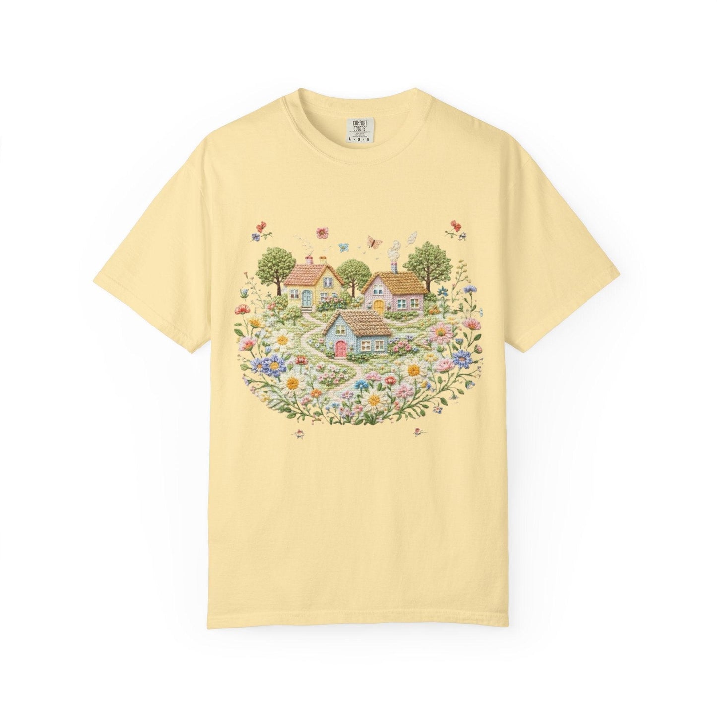 Cottage Garden Landscape T-shirt | Floral Village Illustration