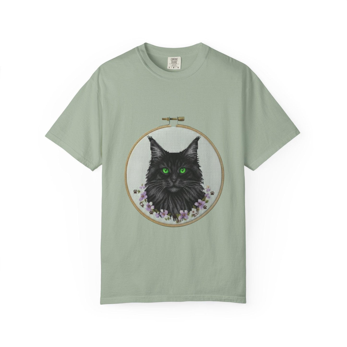 Black Cat Portrait T-Shirt | Embroidery Hoop Art, Green Eyes