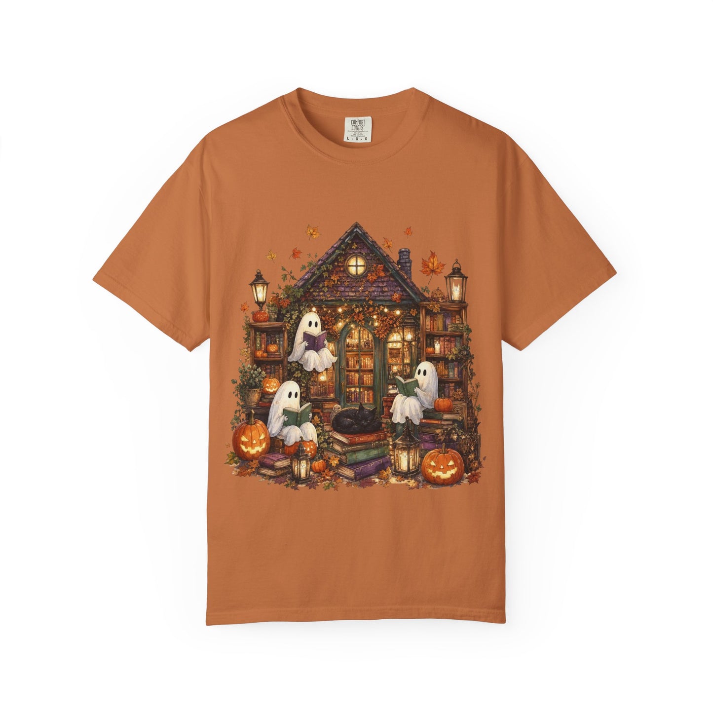 Cute Ghosts Haunted House T-Shirt, Halloween Pumpkin Shirt, Autumn Leaves Graphic Tee, Spooky Cute Fall Shirt, Cozy Halloween Gift
