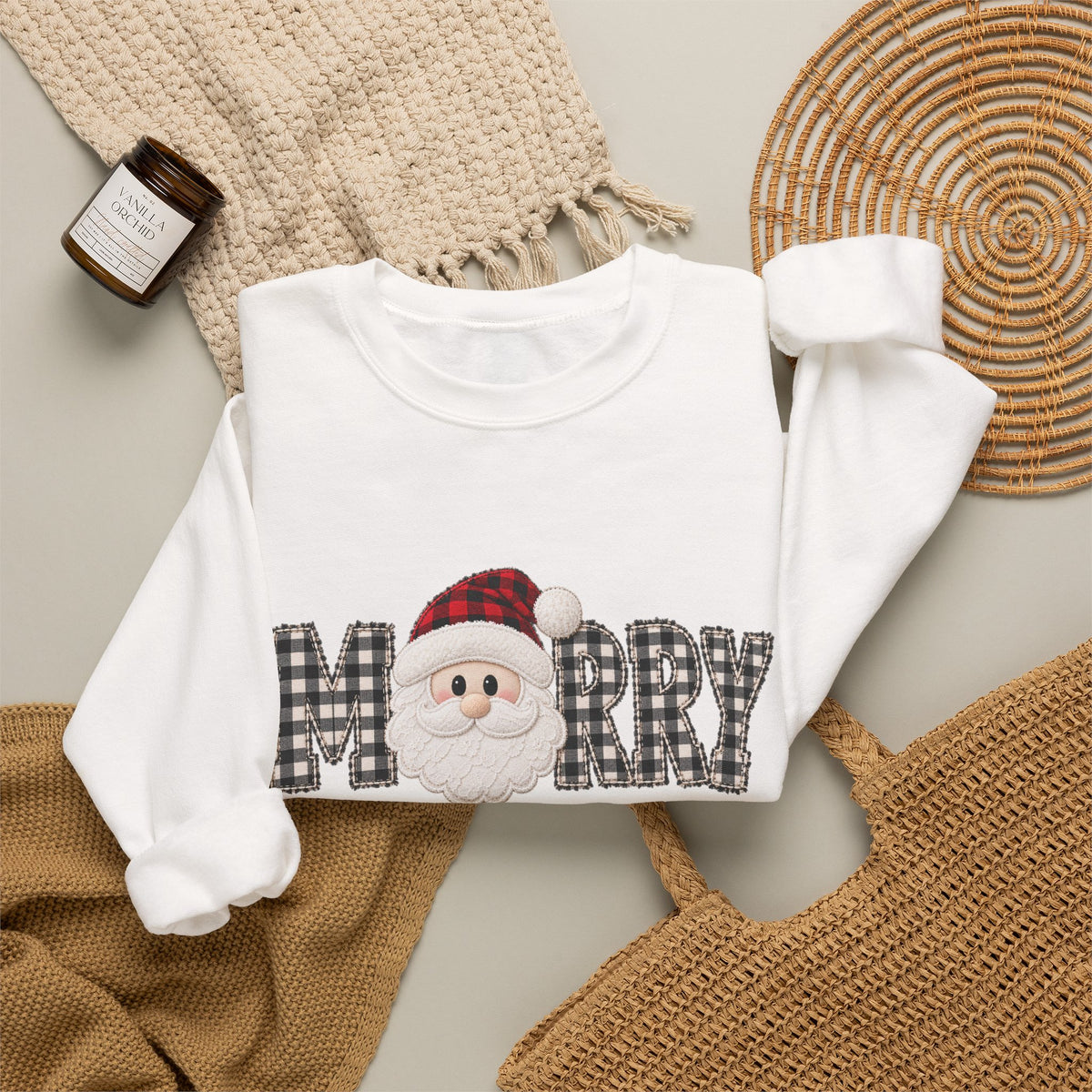 Merry Christmas Sweatshirt, Santa Christmas Crewneck, Plaid Holiday Sweater, Cute Santa Shirt, Cozy Christmas Gift for Her