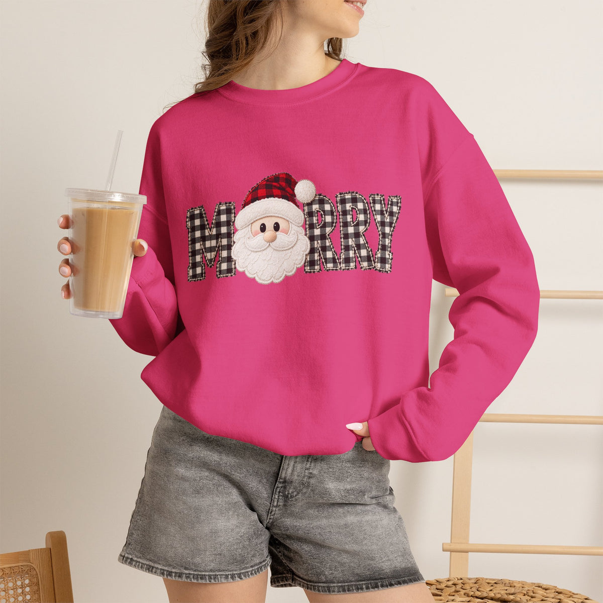 Merry Christmas Sweatshirt, Santa Christmas Crewneck, Plaid Holiday Sweater, Cute Santa Shirt, Cozy Christmas Gift for Her