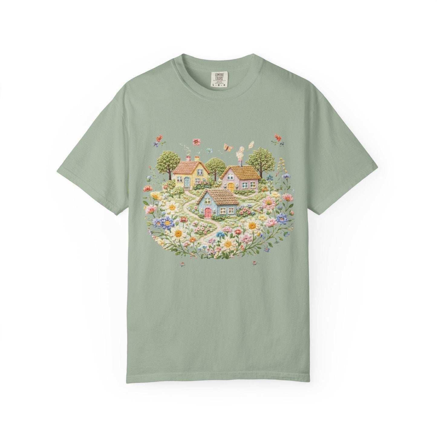 Cottage Garden Landscape T-shirt | Floral Village Illustration