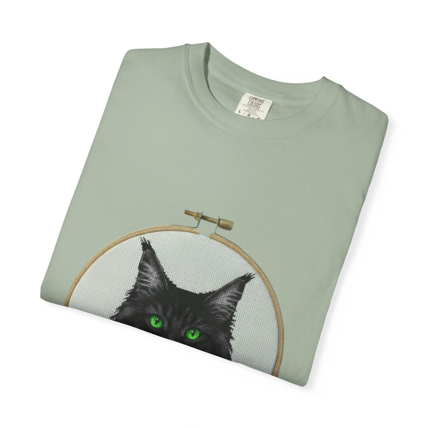 Black Cat Portrait T-Shirt | Embroidery Hoop Art, Green Eyes