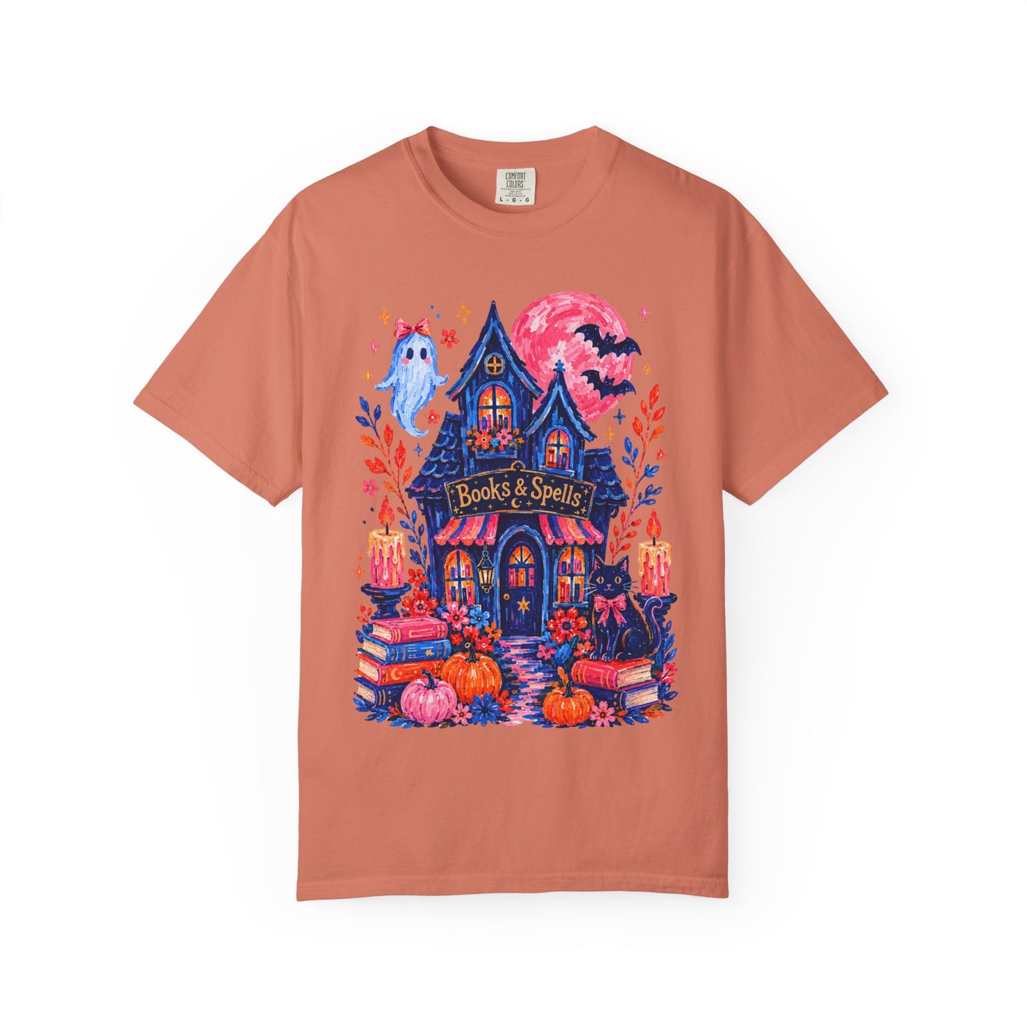 Books & Spells T-Shirt, Witchy Bookstore Halloween Shirt, Cozy Book Lover Tee, Black Cat Ghost Pumpkin Graphic, Booktok Fall Shirt