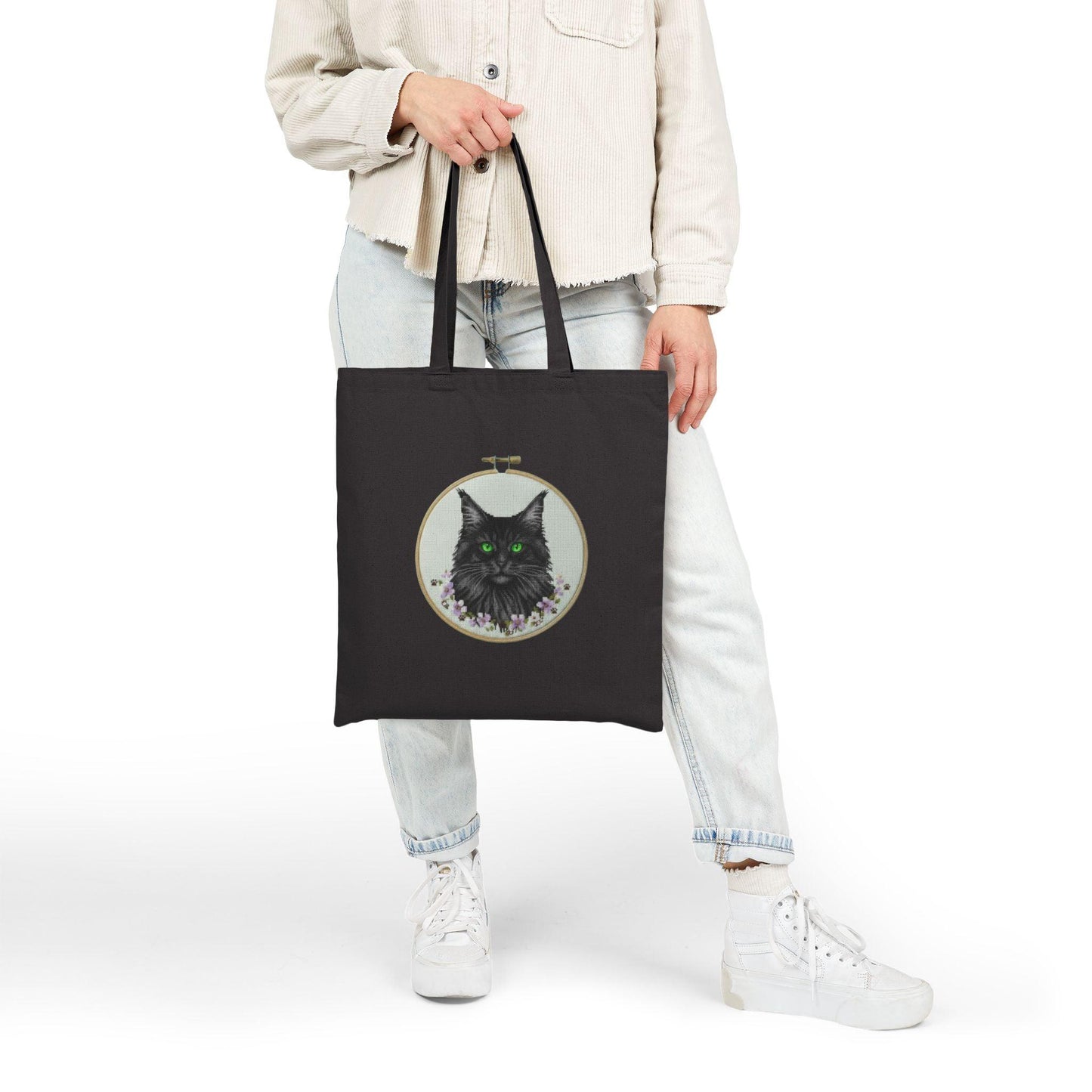 Black Cat Portrait Tote Bag | Embroidery Hoop Illustration, Green Eyes