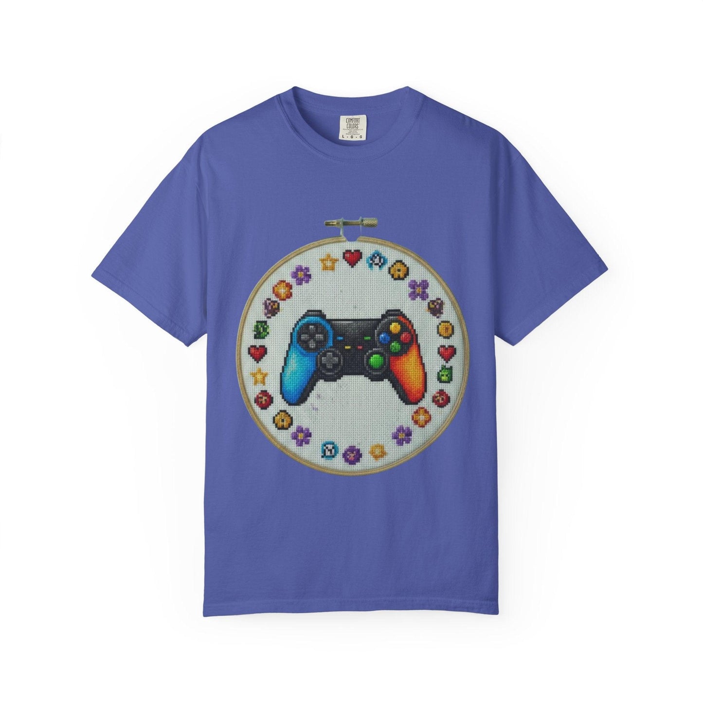 Rainbow Game Controller embroidery hoop T-Shirt | Gamer cross stitch design