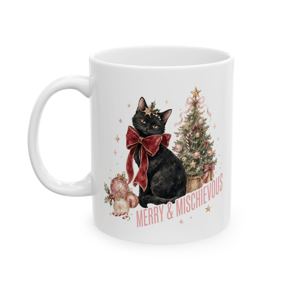 Black Cat Christmas Mug, Merry & Mischievous Cat Mug, Cat Lover Christmas Gift, Coquette Holiday Mug, Cute Black Cat Gift