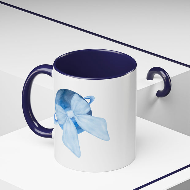 Blue Saturn Wrapped In A Blue Bow Accent Coffee Mug