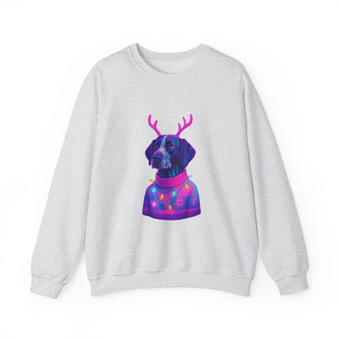 German Shorthaired Pointer with Reindeer Antlers Crewneck Sweatshirt | Neon Holiday Sweater Illustration