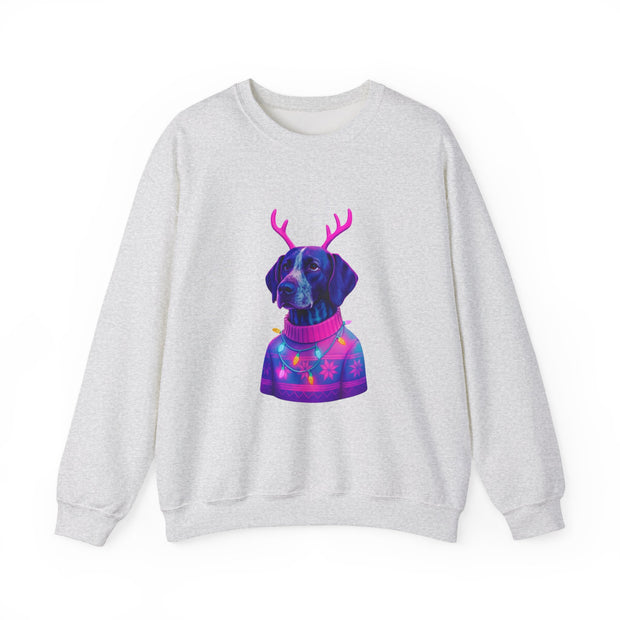 German Shorthaired Pointer with Reindeer Antlers Crewneck Sweatshirt | Neon Holiday Sweater Illustration
