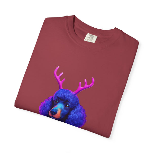 Poodle with Antlers in Light-Up Sweater T-Shirt | Neon Holiday Dog Design