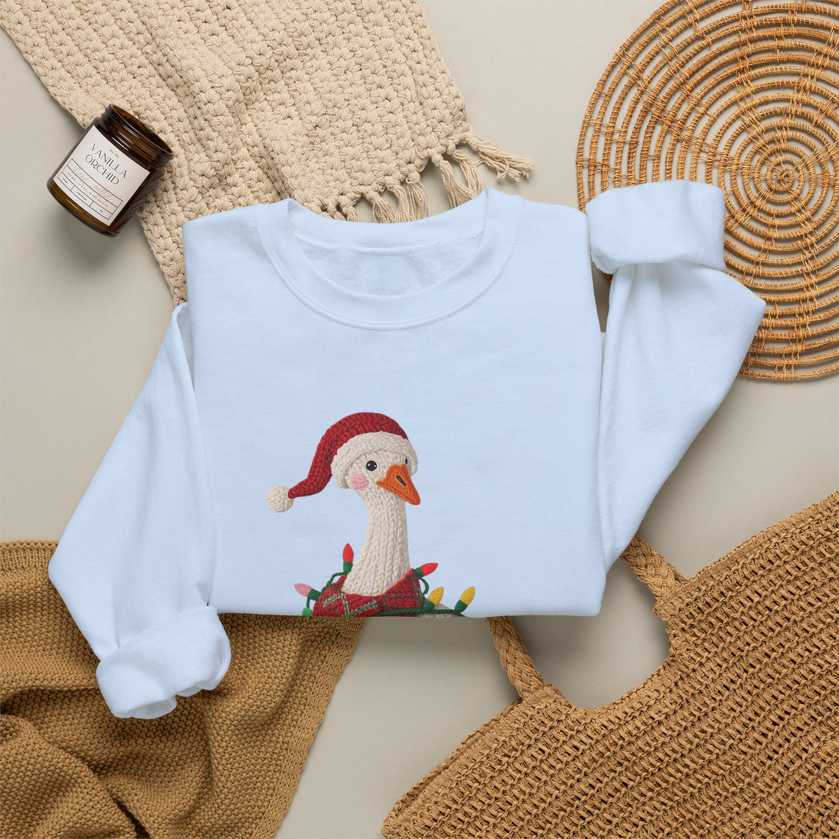 Christmas Goose Wearing Santa Hat Crewneck Sweatshirt | Holiday Duck in Lights
