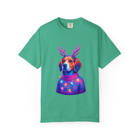 Neon Beagle in Reindeer Antlers T-Shirt | Christmas Dog Sweater Design