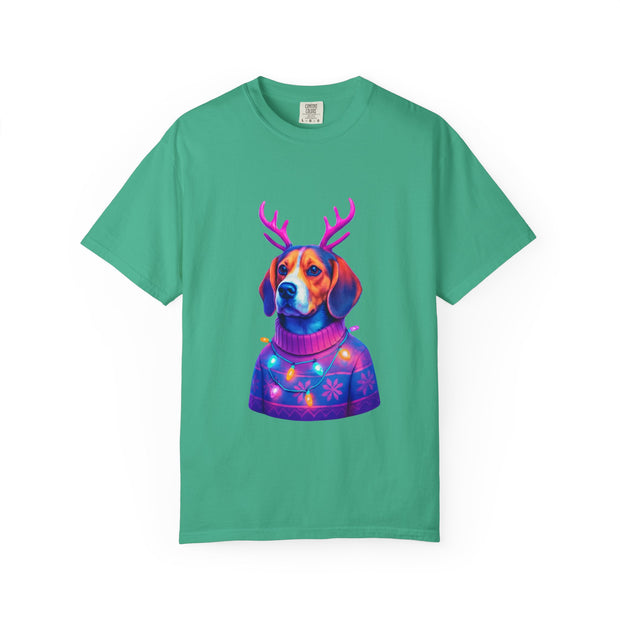 Neon Beagle in Reindeer Antlers T-Shirt | Christmas Dog Sweater Design