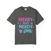 Merry and Nerdy T-Shirt, Unisex Gamer Tee, Holiday Gaming Shirt, Fun Christmas Apparel, Gift for Nerds, Cozy Casual Style