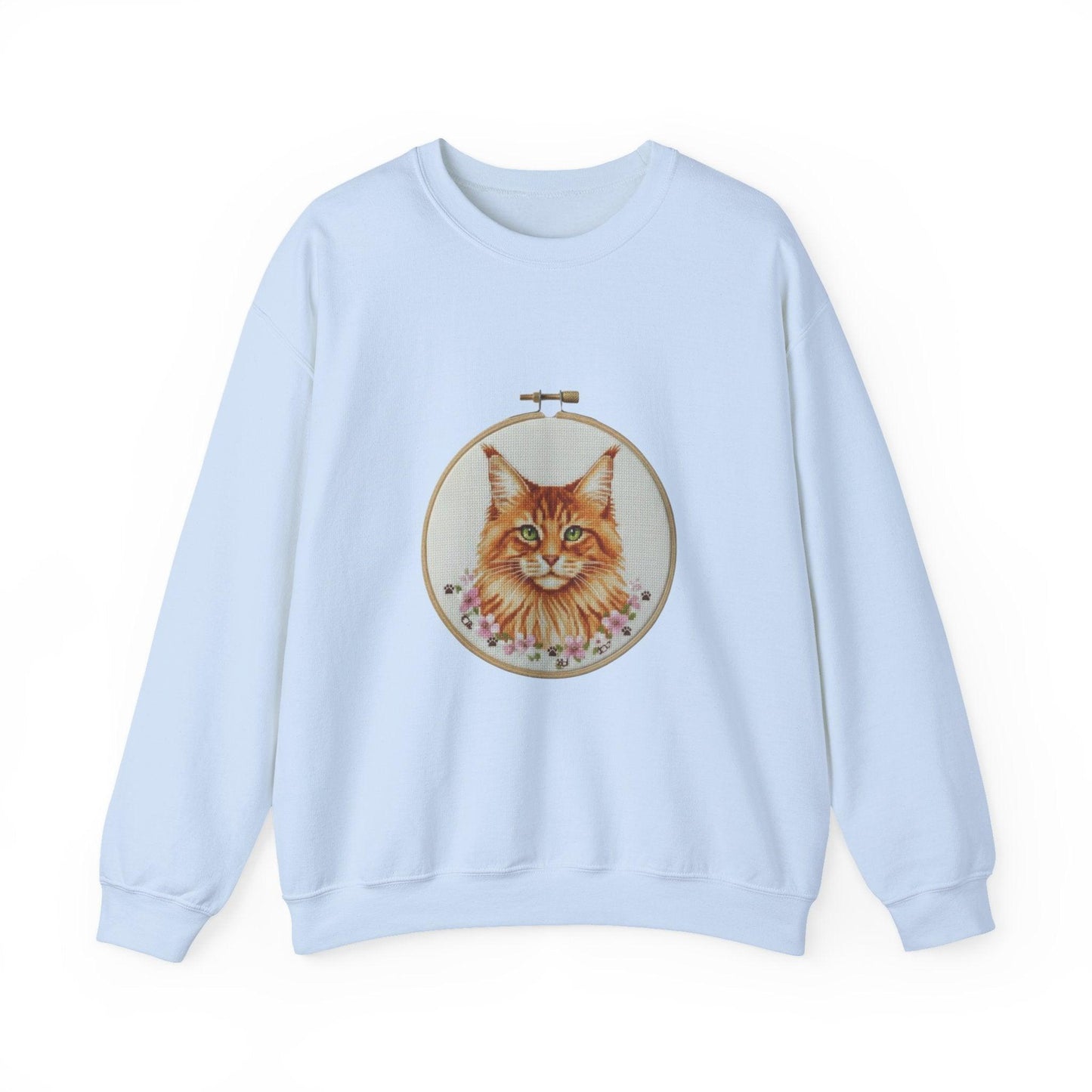 Orange Tabby Cat Sweatshirt, Cat Mom Gift, Cross Stitch Cat Portrait, Embroidery Hoop Floral Crewneck