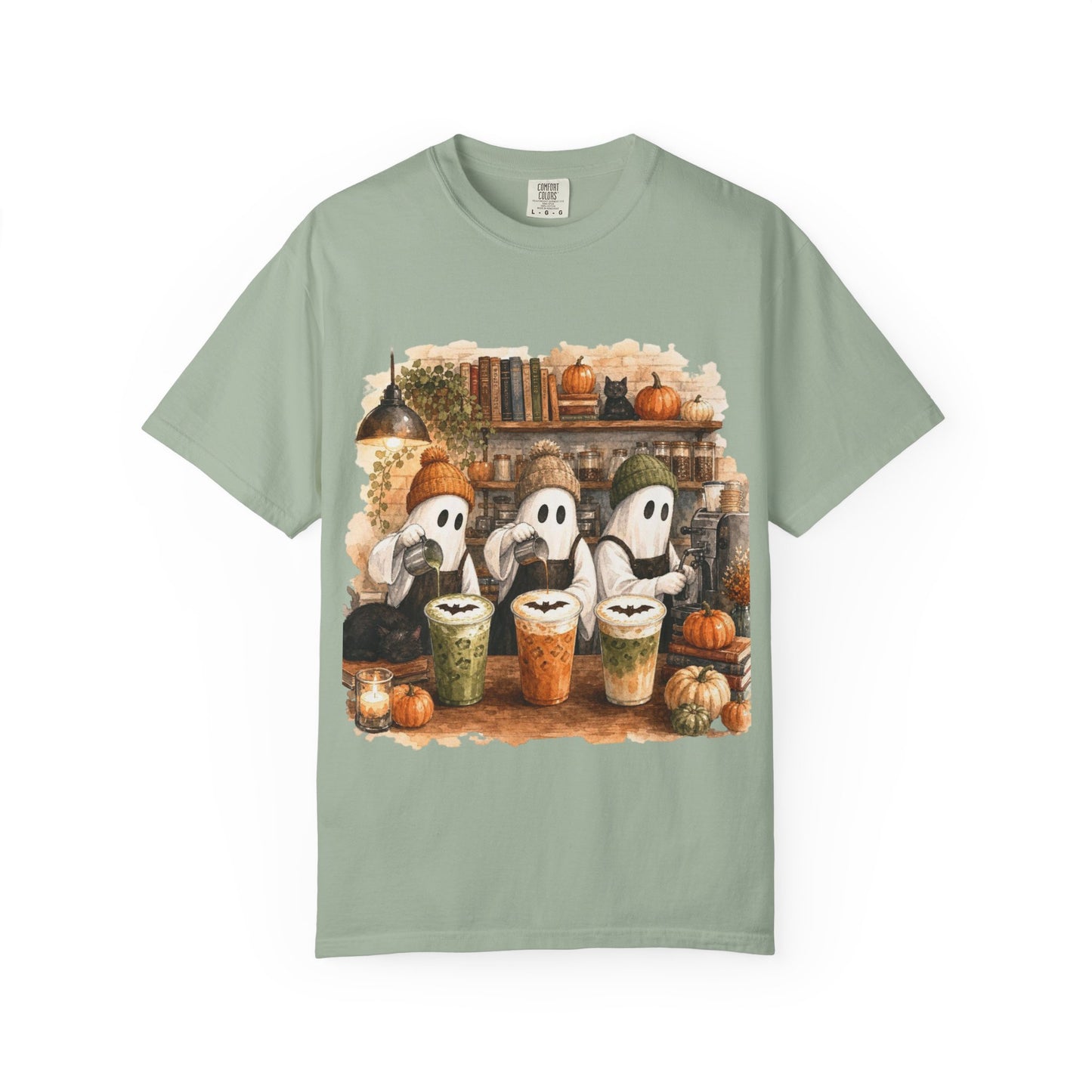 Ghost Trio with Pumpkin Lattes T-Shirt, Cute Halloween Coffee Shirt, Cozy Fall Ghost Tee, Pumpkin Spice Graphic, Autumn Coffee Lover Gift