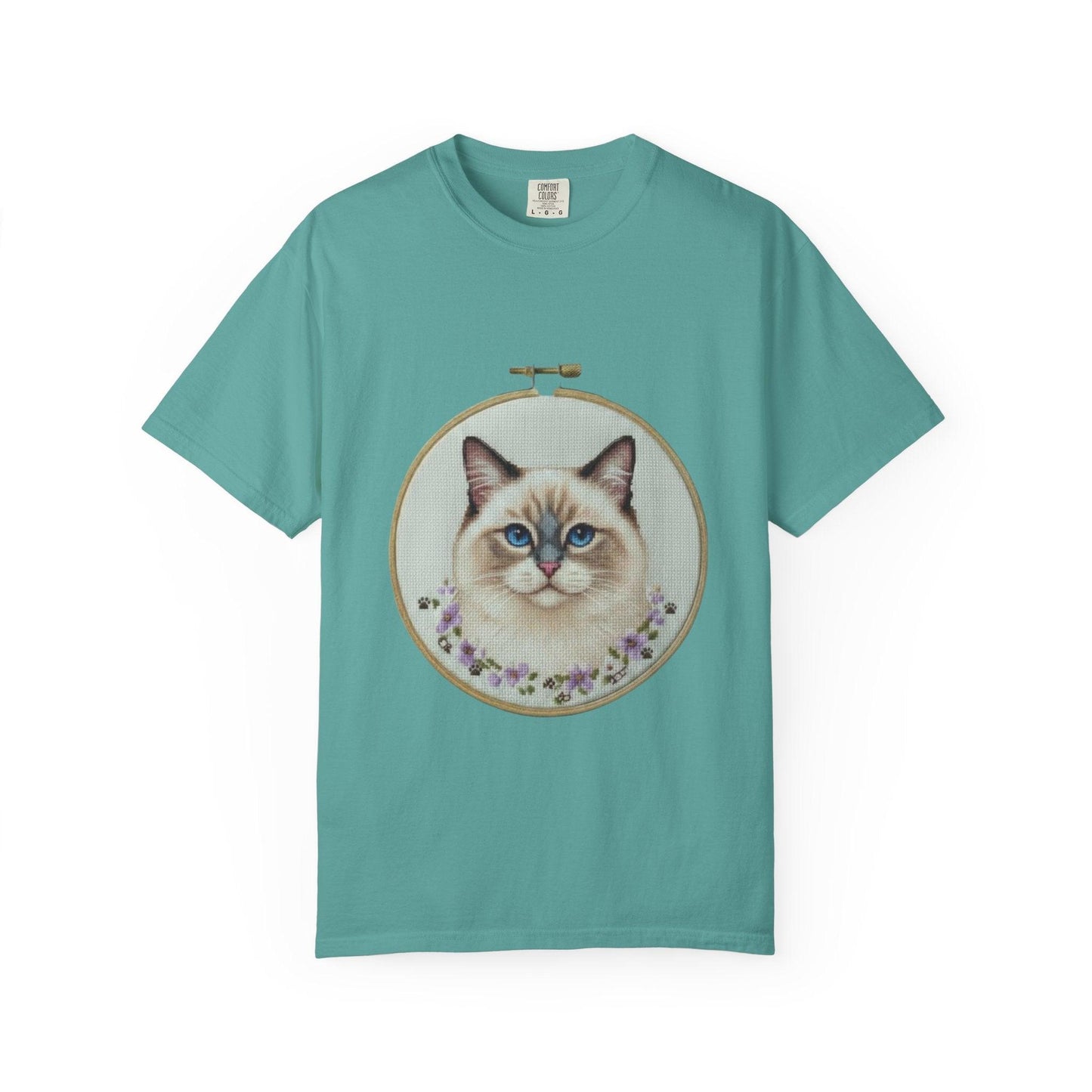 Ragdoll Cat Shirt, Blue Eyed Cat Mom Gift, Cross Stitch Cat Portrait, Embroidered Pet Lover Tee