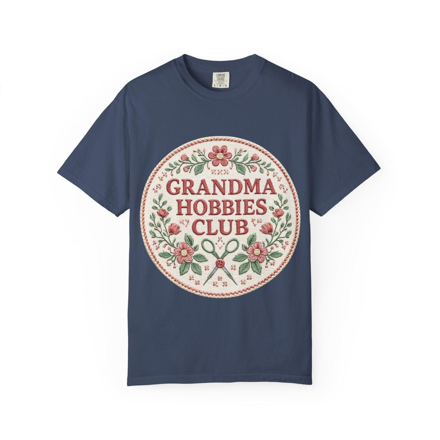 Grandma Hobbies Club T-shirt | Floral Needlework Scissors Embroidery Design