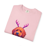 Golden Doodle in Reindeer Antler Sweater T-Shirt | Holiday Dog Portrait