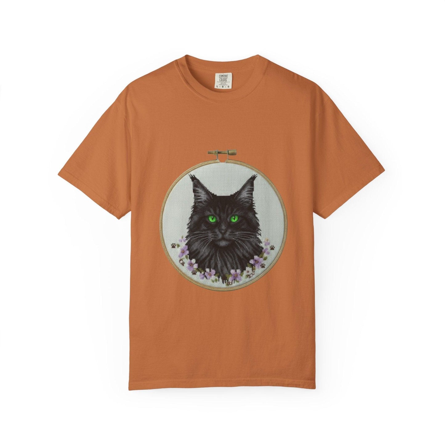 Black Cat Portrait T-Shirt | Embroidery Hoop Art, Green Eyes