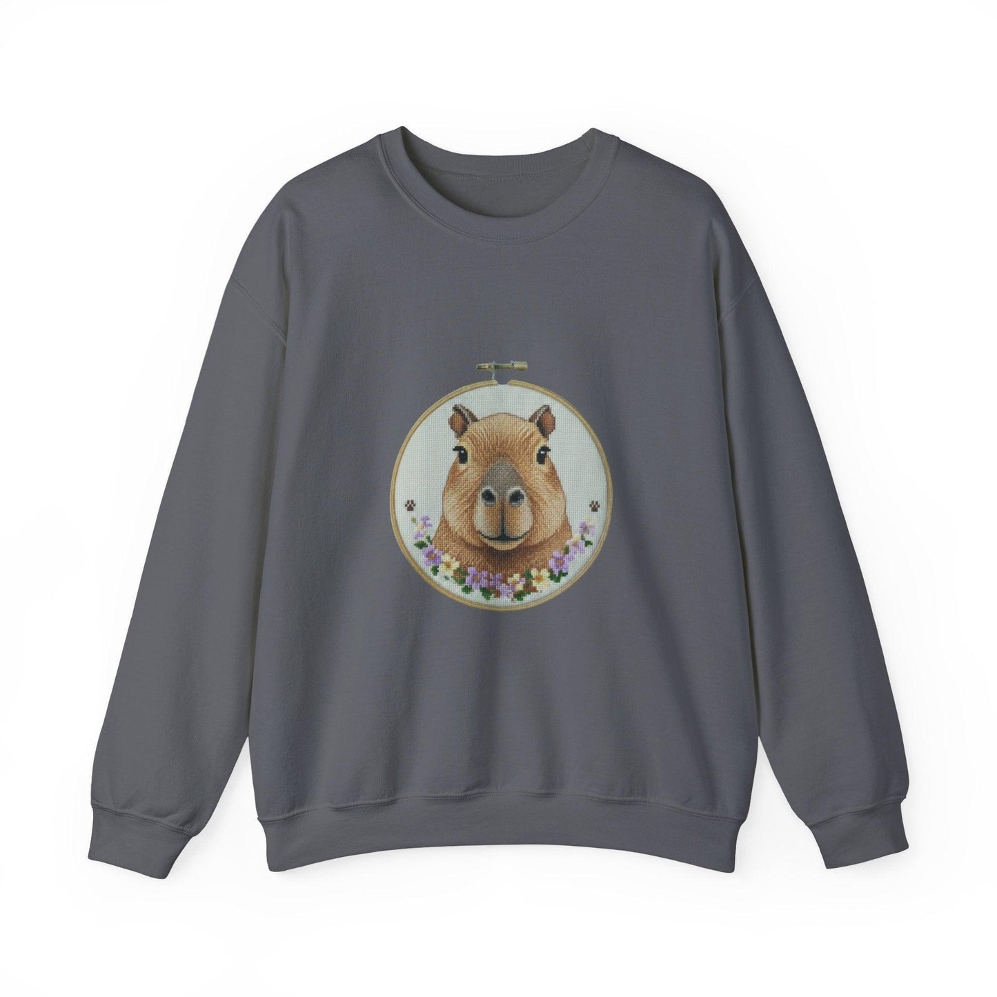 Cute Capybara Portrait Crewneck Sweatshirt | Floral Wreath Animal Art