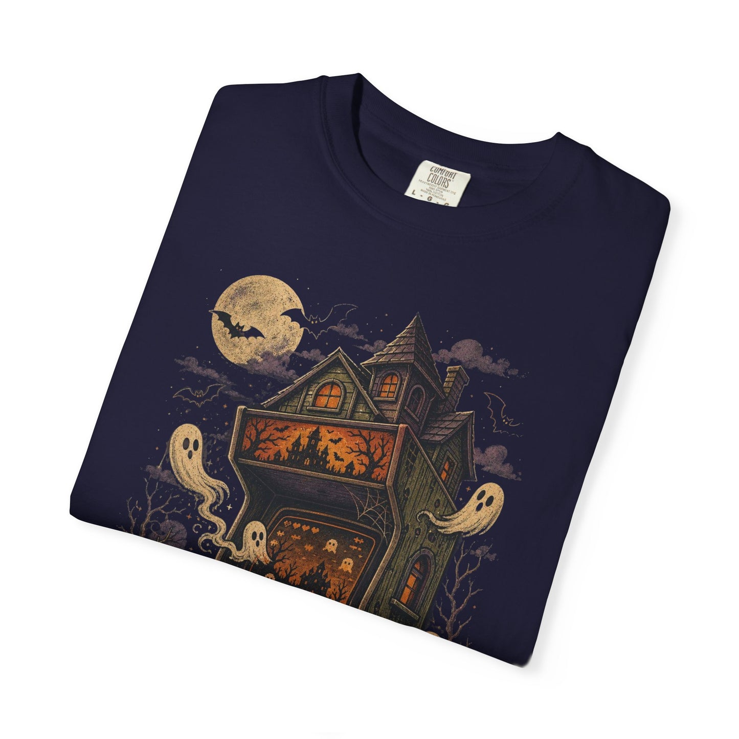 Haunted Arcade Cabinet T-shirt | Halloween ghosts, jack-o'-lanterns, moonlit haunted house