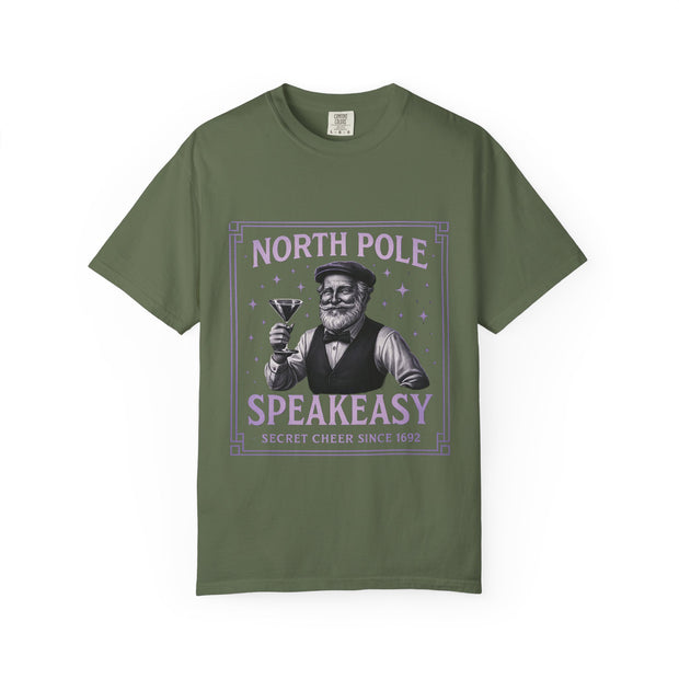 North Pole Speakeasy T-Shirt, Holiday T-Shirt, Unisex Christmas Tee, Vintage Style Tee, Fun Santa Shirt, Festive Gift Idea