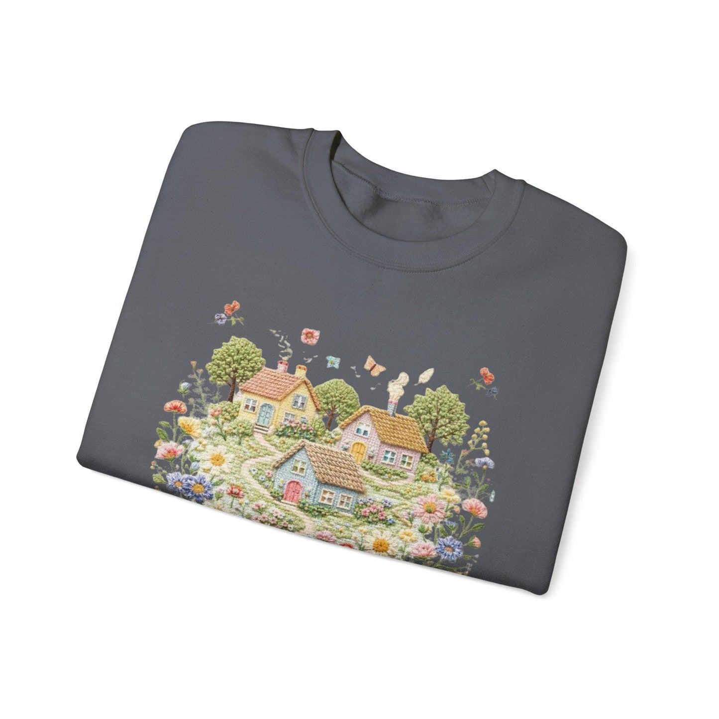 Cottage Garden Illustration Sweatshirt | Floral Village Scene, Cozy Spring