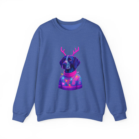 German Shorthaired Pointer with Reindeer Antlers Crewneck Sweatshirt | Neon Holiday Sweater Illustration
