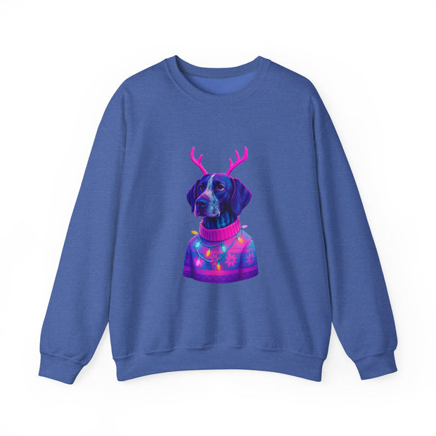 German Shorthaired Pointer with Reindeer Antlers Crewneck Sweatshirt | Neon Holiday Sweater Illustration