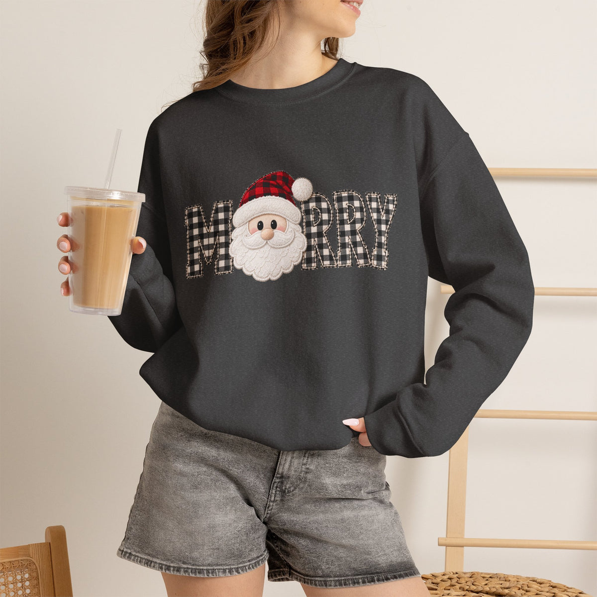 Merry Christmas Sweatshirt, Santa Christmas Crewneck, Plaid Holiday Sweater, Cute Santa Shirt, Cozy Christmas Gift for Her