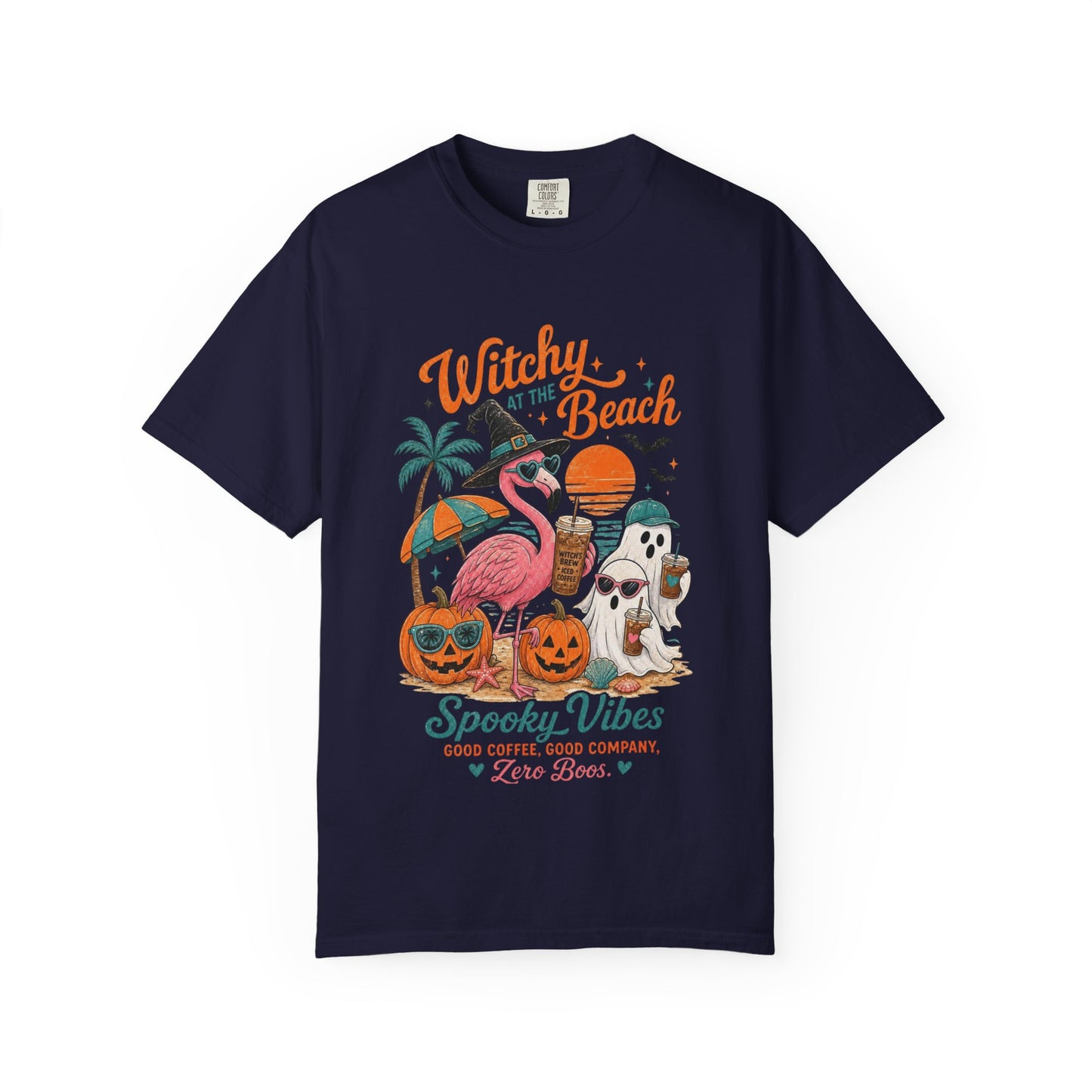 Witchy at the Beach T-shirt | Spooky Vibes Halloween Flamingo Design