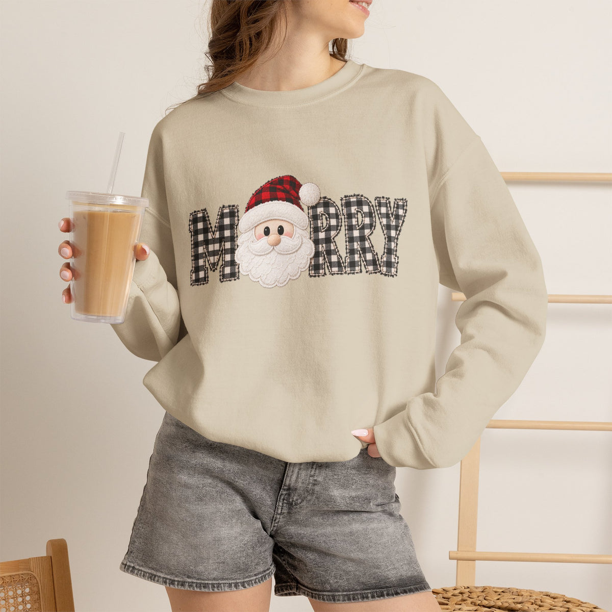 Merry Christmas Sweatshirt, Santa Christmas Crewneck, Plaid Holiday Sweater, Cute Santa Shirt, Cozy Christmas Gift for Her